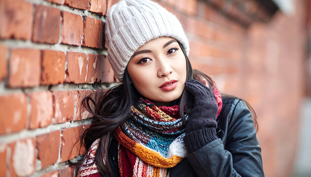 Young woman wearing a knitted hat and scarf, leaning against a brick wall, looking at camera, soft falling snow