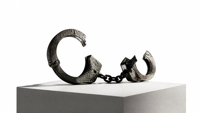 Broken handcuffs sculpture isolated on a pure white pedestal with dramatic side lighting.