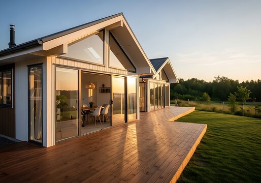 Modern house with large windows and wooden deck in a serene natural setting