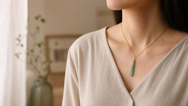 Close-up of green jade silique pendant on neutral garment, elegant jewelry.