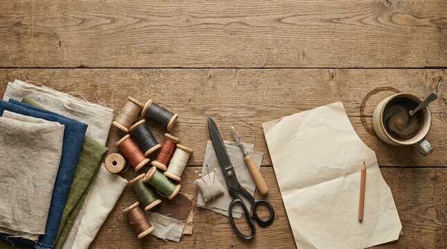 Thread spools, fabric, and sewing tools arranged on rustic wooden table