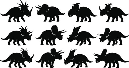 Triceratops Dinosaur Silhouette Collection Set with Multiple Prehistoric Horned Reptile Poses © Dilip