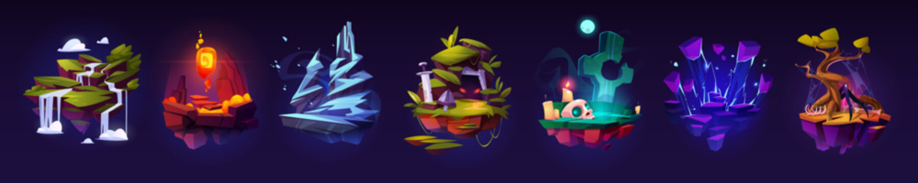 Floating islands set, flying game platforms, rock