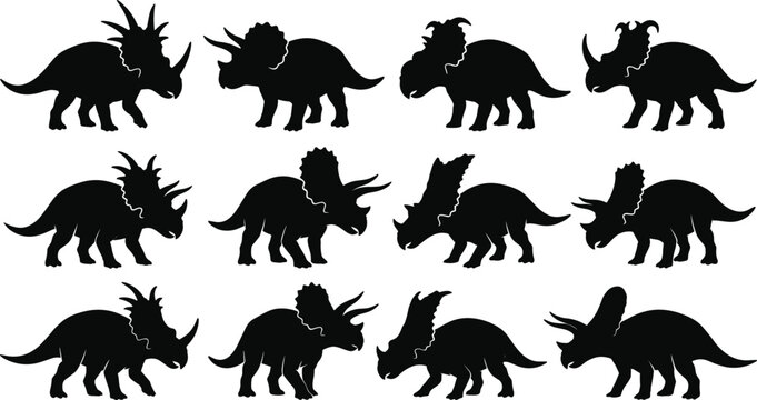Triceratops Dinosaur Silhouette Collection Set with Multiple Prehistoric Horned Reptile Poses