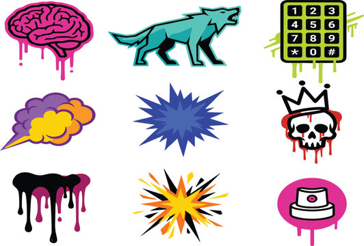 Edgy Cyberpunk Graffiti Element Set with Drip Brain Neon Wolf Numeric Keypad Starburst Comic Explosion and Crowned Skull Icons for Streetwear Clothing Designs