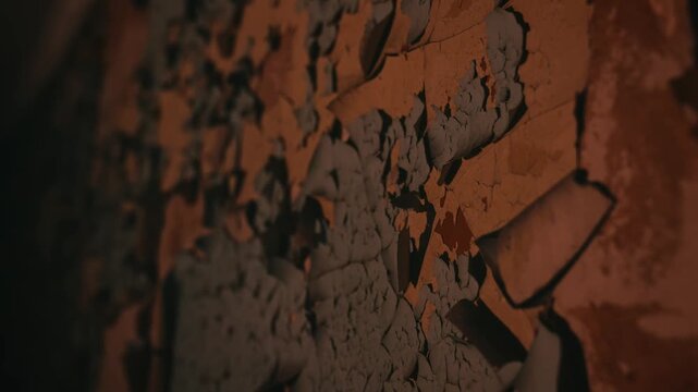 Detailed texture of cracked and peeling paint in earthy tones. Concept for decay, abandonment, and rustic aesthetics in art and design projects, emphasizing texture and age.