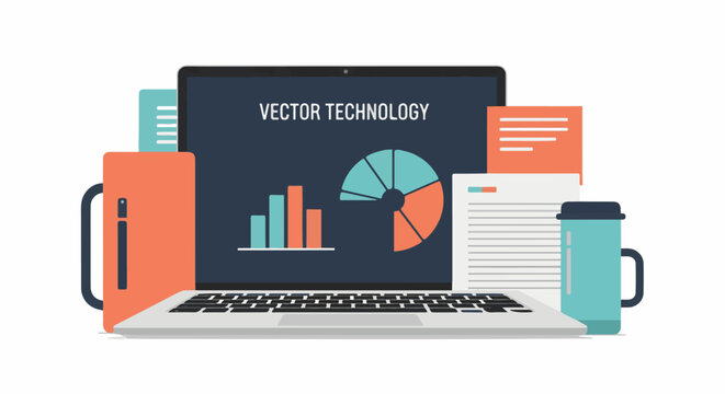 A laptop displays a colorful pie chart and bar graph on its screen