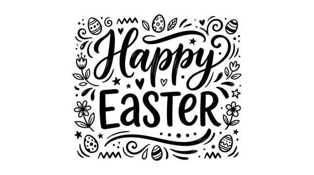 Easter celebration with Happy Easter text surrounded by floral illustrations