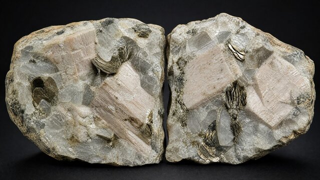Split pegmatite rock specimen showing large interlocking crystals.