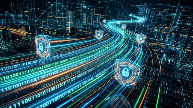 Binary code and security shields flying through a futuristic digital data stream