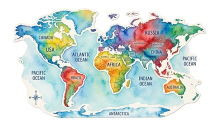 Naklejka premium Colorful watercolor world map cutout on white background