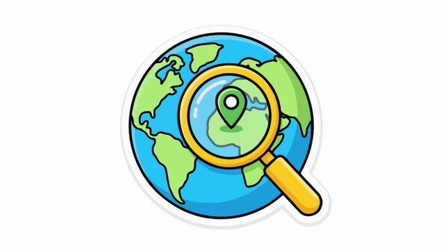 A magnifying glass zooms in on a green location marker on a cartoon globe