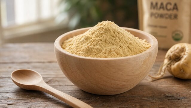 A shallow wooden bowl filled with fine pale yellow maca powder and a spoon.