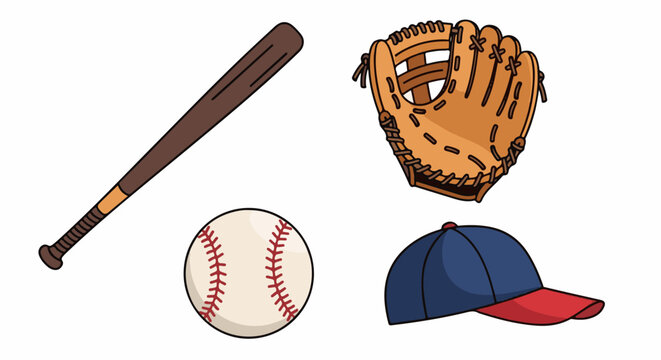 A cartoon-style illustration of a baseball bat, baseball, glove, and cap on a white background