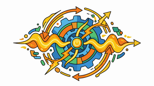 A stylized gear with swirling arrows and lightning bolts in orange, yellow, blue, and green hues