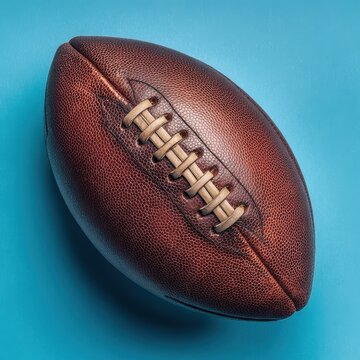 American football ball on light blue background with football american equipment background competition professional training exercise isolated close-up contrast athletic gridiron
