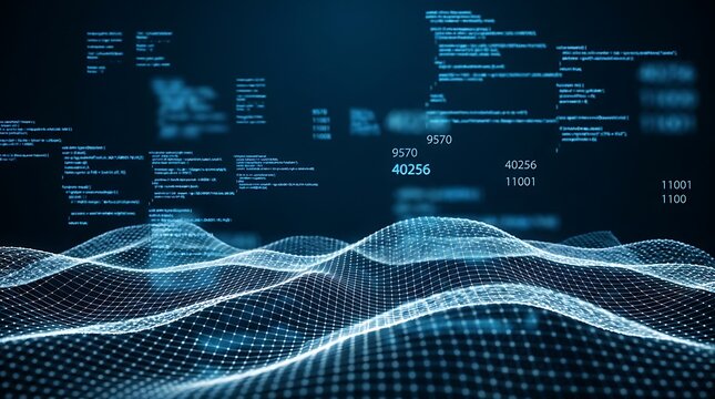 Blue digital wave graph with data points and code on dark background