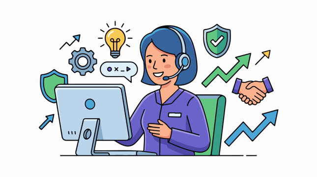 A cartoon woman with a headset sits at a computer with various icons around her