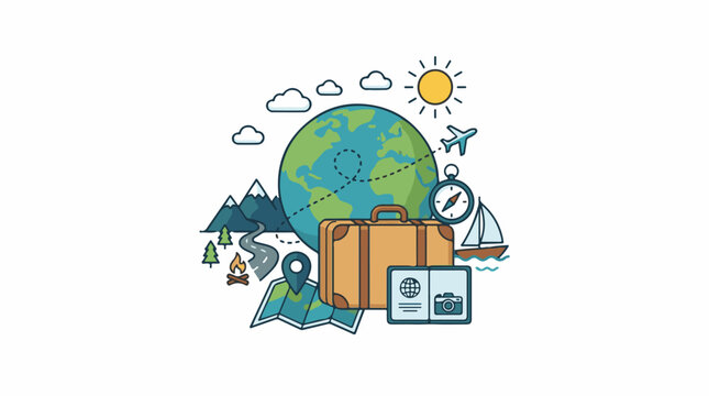 A colorful illustration of a globe with travel-related items (1)