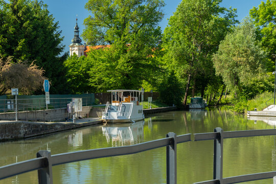 White boat docking on Bata canal in Straznice