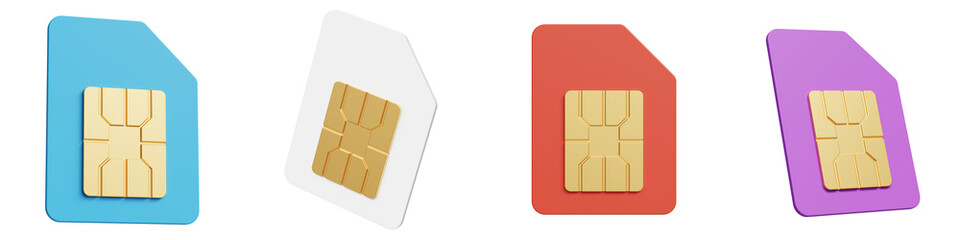 Set of colorful 3D SIM card icons isolated on transparent background. Mobile communication, cellular network, smartphone connectivity and telecommunications concept, PNG © Andy March