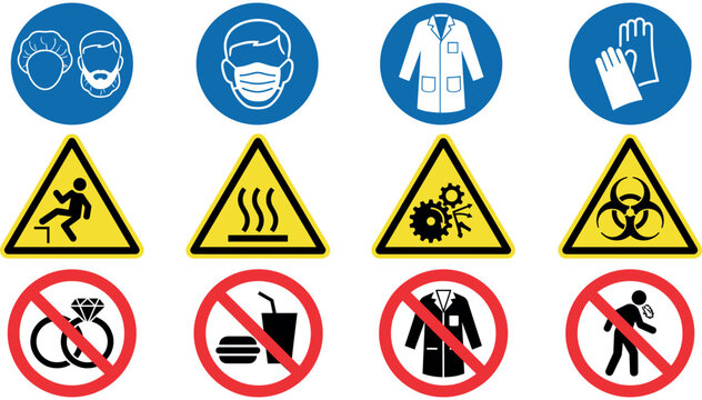 Laboratory safety warning mandatory and prohibition sign set with hazard icons biohazard symbols and vector labels