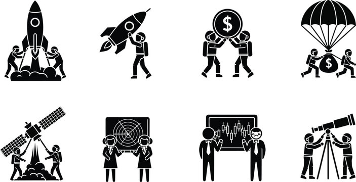 Collection of flat design business finance and technology icons depicting teamwork strategy and growth concepts ideal for corporate presentations and startup ventures