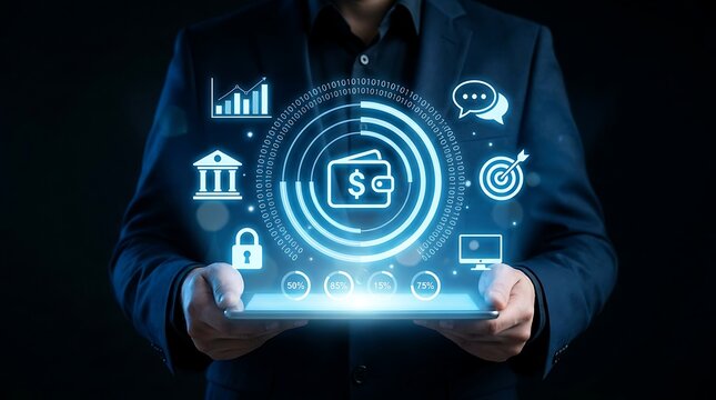 Man in blue suit holding tablet with digital finance business