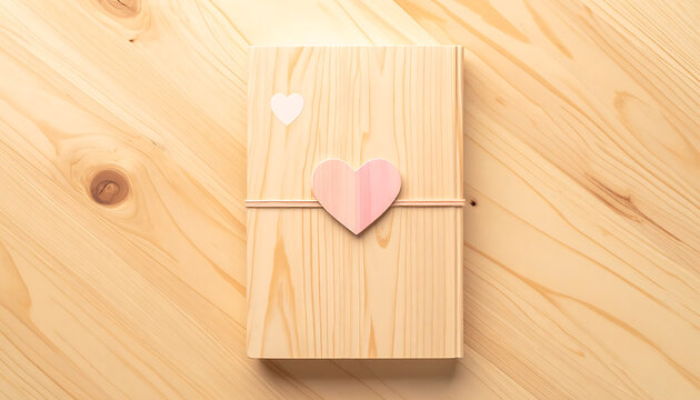 Light wood gift box with pink heart decorations tied with twine on a natural wood plank background, top down view