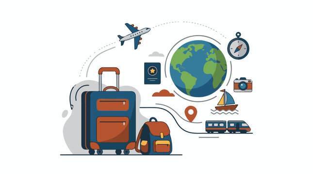 A digital illustration of travel-related items and icons arranged around a globe