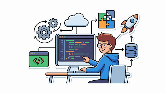 A cartoon man in a blue hoodie works on a computer surrounded by coding symbols
