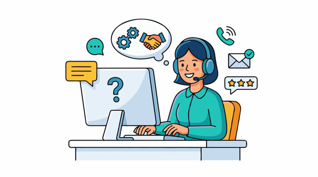 A customer service representative sits at a desk with a computer and headset (1)