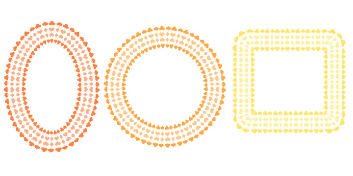 Set of decorative dotted frames in orange and yellow colors featuring oval circular and rectangular shapes for creative design