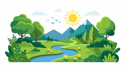 Fototapeta premium A serene landscape with a river flowing through a green valley surrounded by trees and mountains