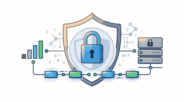 A shield with a lock surrounded by servers code and data flow graphics