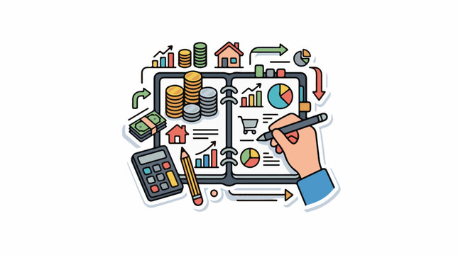 A hand holding a pen analyzes a document with graphs and charts surrounded by money, a calculator, and a pencil