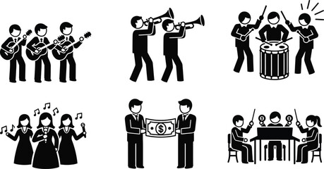 Set of minimalist stick figure icons illustrating diverse musical groups performers and a payment transaction perfect for entertainment industry concepts © Muhammad