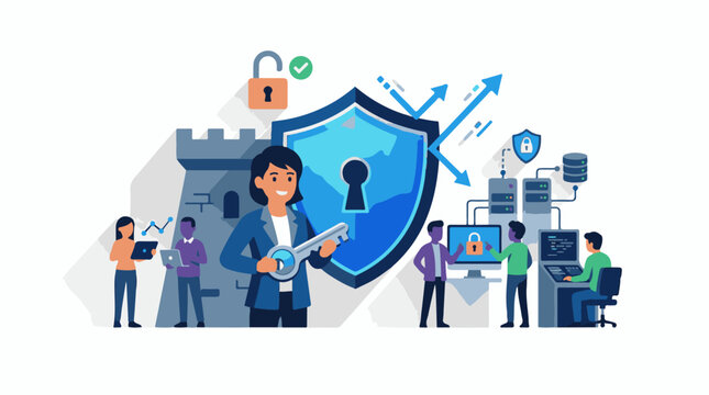 A cartoon graphic depicting a diverse group of people working together to secure a large blue shield with a keyhole sur