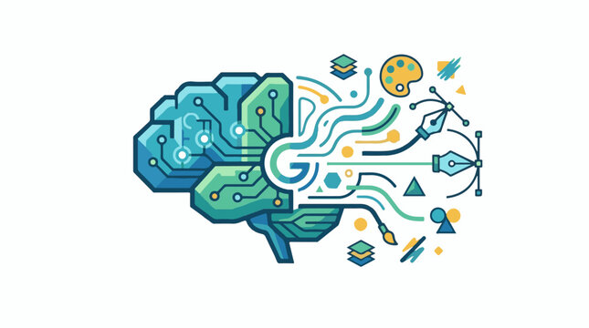 A stylized brain with circuit boards and artistic tools