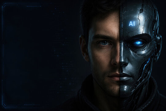 Half human face and half robot face with Russian rating text.