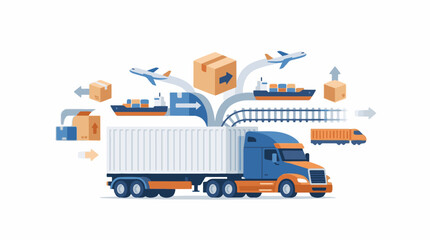 Fototapeta premium A semi-truck with various transportation vehicles and boxes