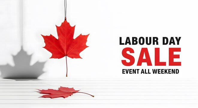 Labour day sale promotion with red maple leaf and white background
