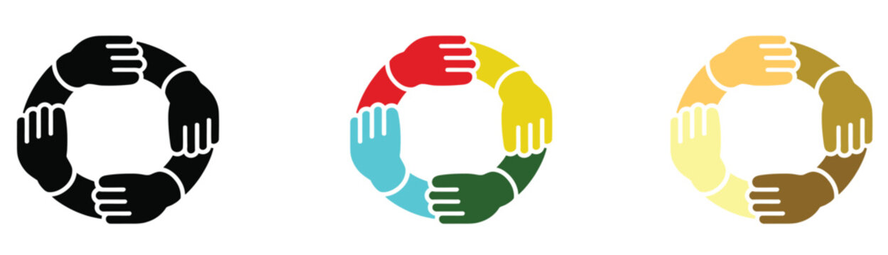 Circular icon set of diverse human hands holding together representing unity and team cooperation