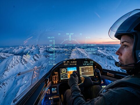 futuristic flight simulation head up display navigation snow mountains blue hour
