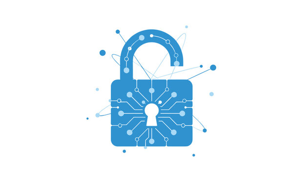 Digital lock symbol partially open with connected nodes and dots representing open access or network connectivity in a technology environment.