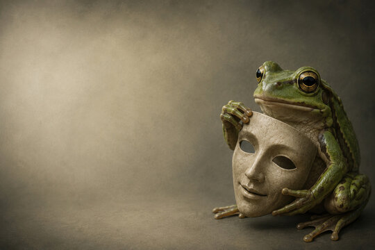 Frog holding a pale theater mask. Space for text.