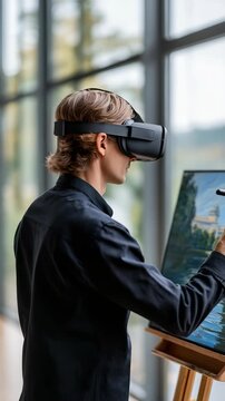 Young man wearing virtual reality headset uses a digital stylus to paint on a canvas in a modern art studio. Innovative technology blends creativity and immersive digital experience