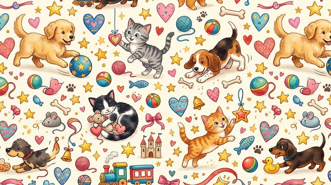Cute Pet Seamless Pattern with Playful Puppies Kittens Hearts Stars Toys and Nursery Elements for Children Textile Wallpaper Design