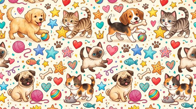 Colorful Cute Cats and Dogs Seamless Pattern with Hearts Stars Toys and Adorable Pet Characters for Kids Design