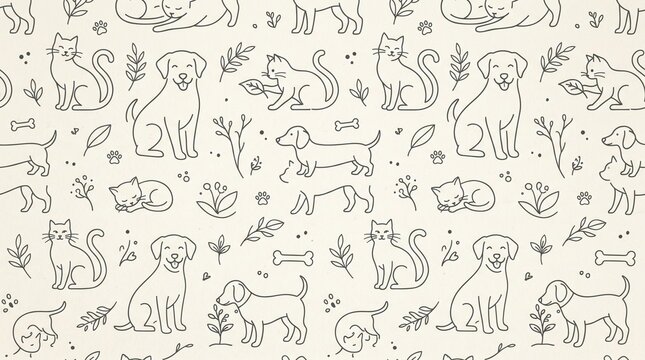 Cute Cat and Dog Seamless Pattern with Paw Prints Leaves and Pet Icons in Simple Monochrome Line Art Style